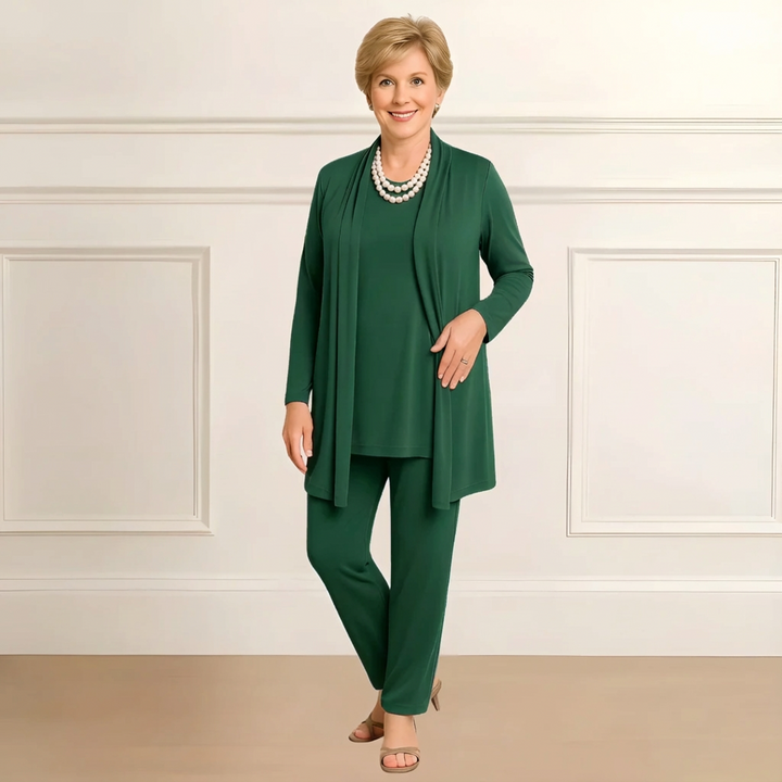 Women's Three Piece Open Front Cardigan and Straight Leg Pants Set