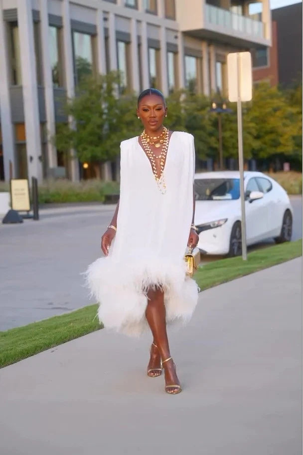 Women's White Mini Dress with Deep V-Neck and Sleeveless