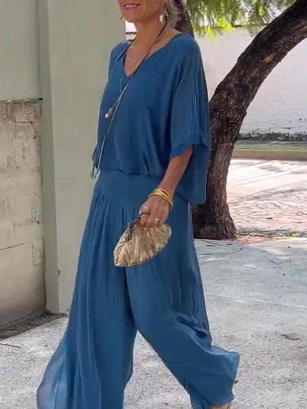 Edith | Two-Piece Set with V-Neck Top and Wide Leg Trousers