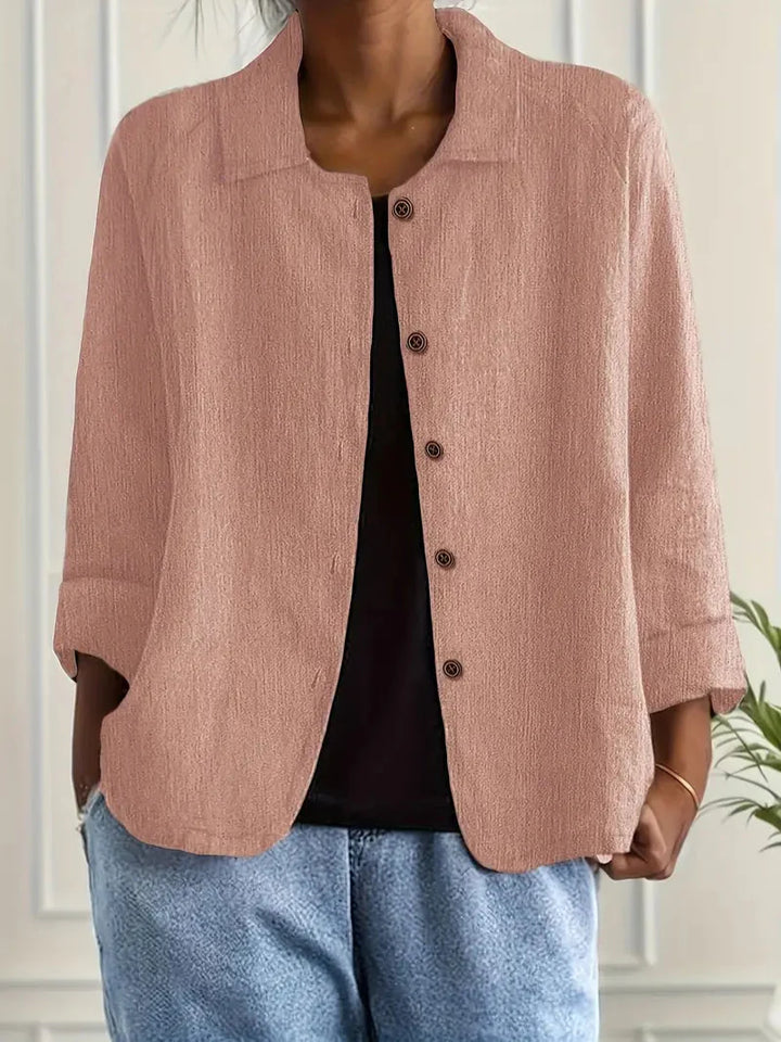 Women's Relaxed Linen Shirt with Open Collar and Button Front