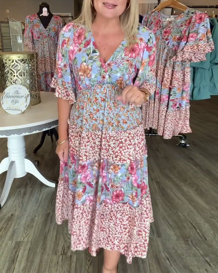 Sandra | Midi Summer Dress with Floral Print and V-Neck