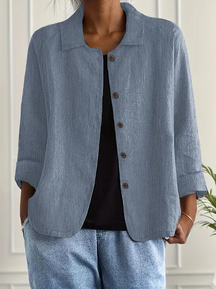 Women's Relaxed Linen Shirt with Open Collar and Button Front
