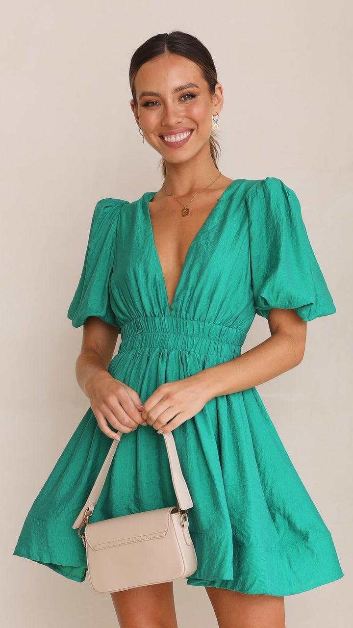 Katie | Mini Summer Dress with V-Neck and Puff Sleeves