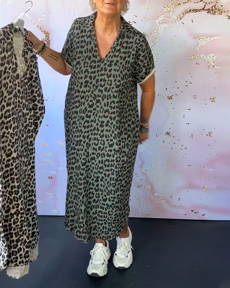 Lenny | Midi Summer Dress with Leopard Print and V-Neck