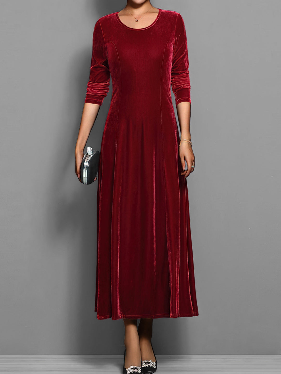 Women's A-Line Maxi Dress with Long Sleeve Flared Skirt