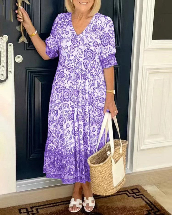 Phoebe | Midi Summer Dress with Boho Print and V-Neck