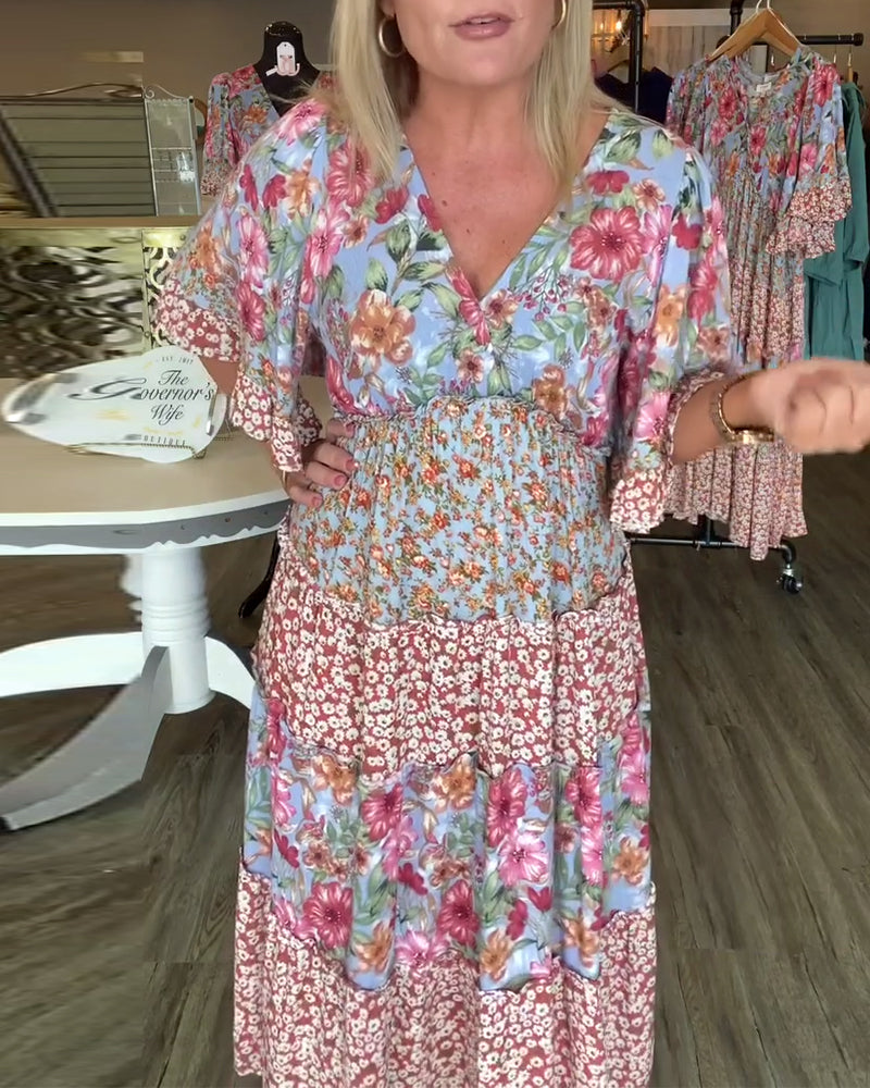 Sandra | Midi Summer Dress with Floral Print and V-Neck