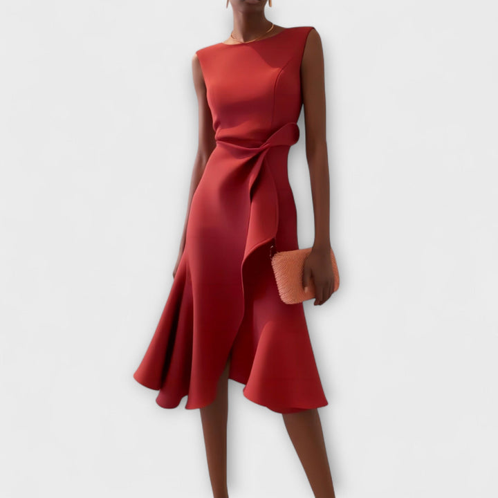 Sheila | Midi Cocktail Dress with Asymmetric Hem and Draped Bodice