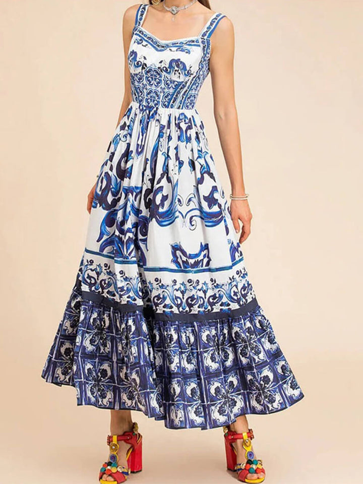 Pia | Midi Summer Dress with Boho Print and Square Neck