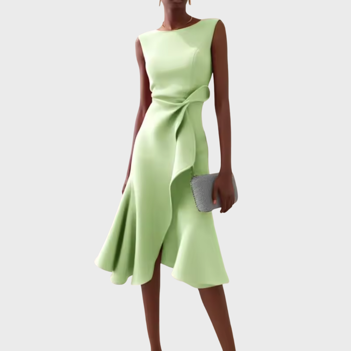 Sheila | Midi Cocktail Dress with Asymmetric Hem and Draped Bodice
