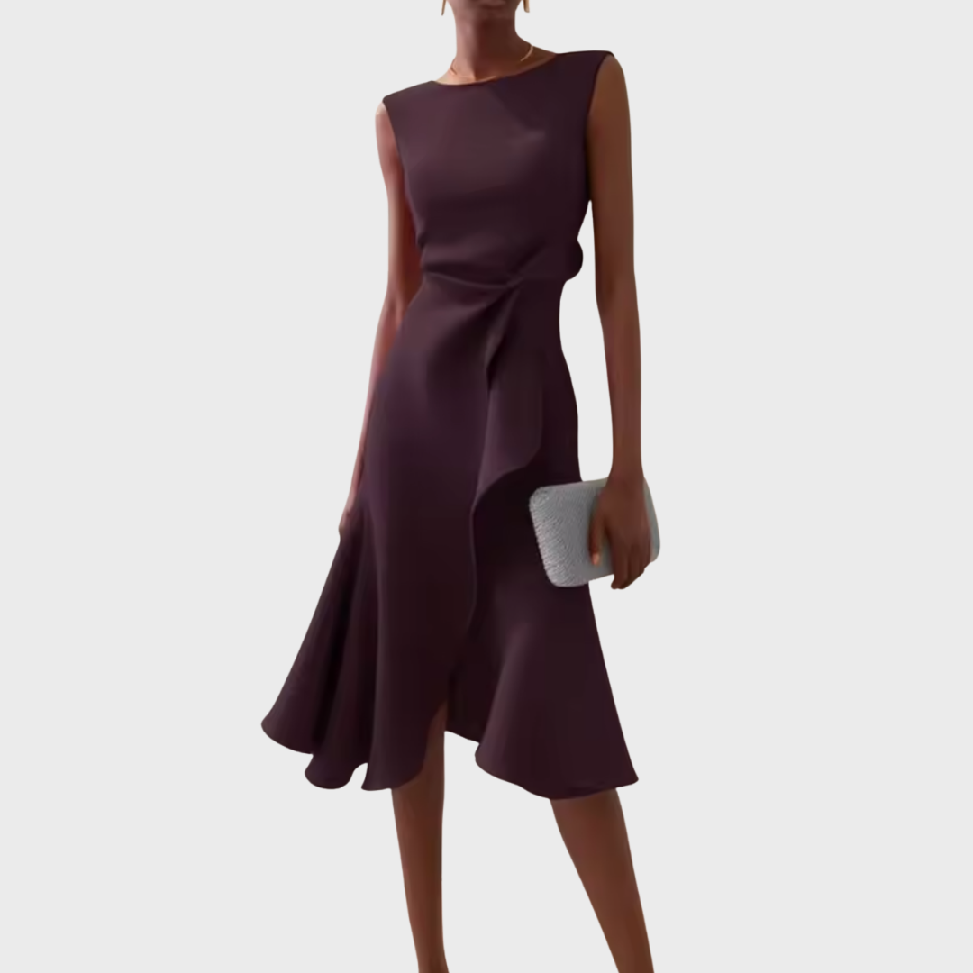 Sheila | Midi Cocktail Dress with Asymmetric Hem and Draped Bodice