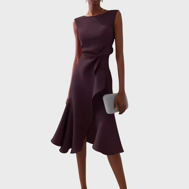 Sheila | Midi Cocktail Dress with Asymmetric Hem and Draped Bodice