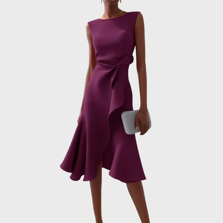 Sheila | Midi Cocktail Dress with Asymmetric Hem and Draped Bodice