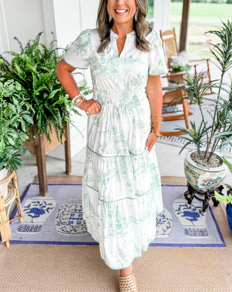 Nova | Maxi Shirt Dress with Toile Print and Tiered Skirt