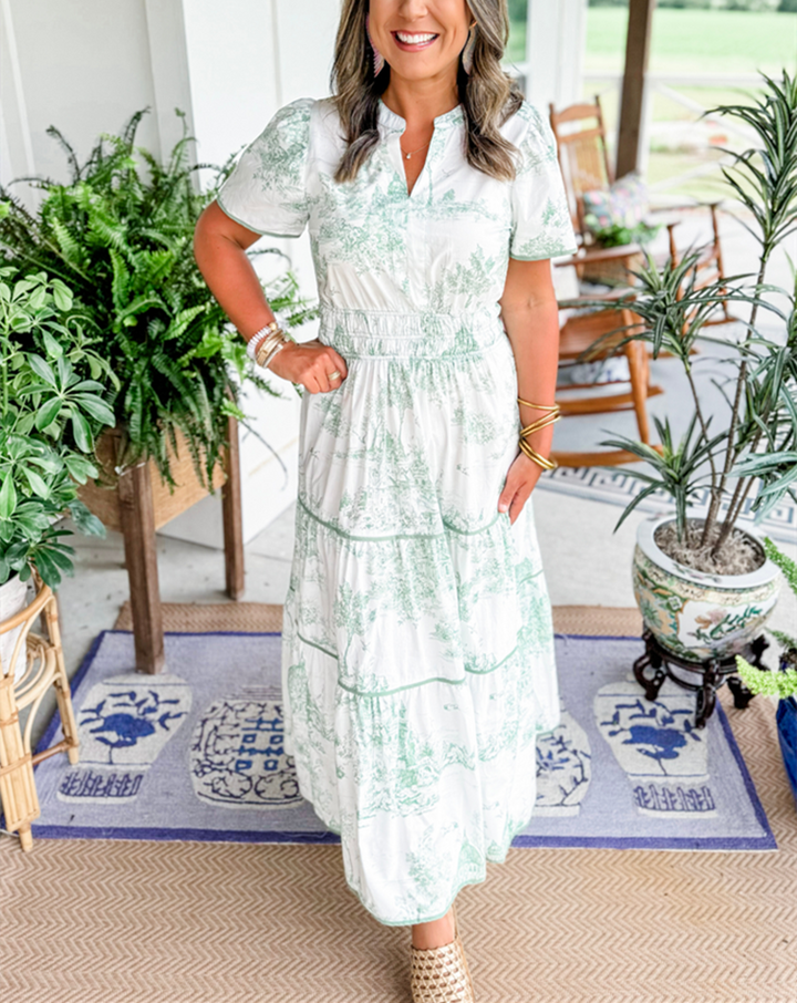 Nova | Maxi Shirt Dress with Toile Print and Tiered Skirt