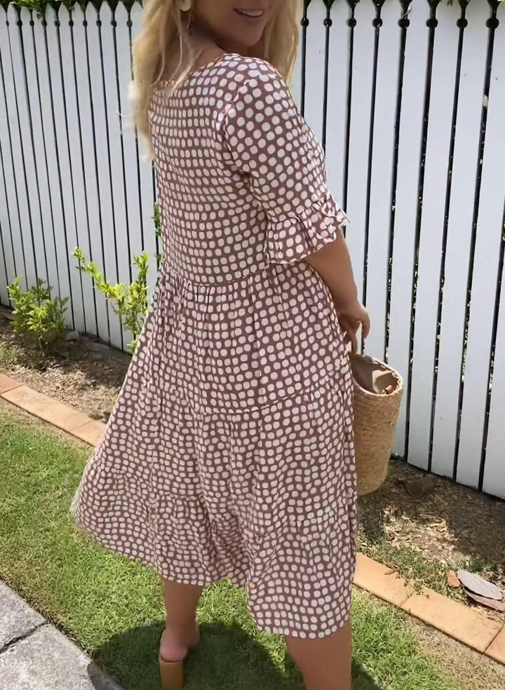 Helen | Midi Polka Dot Dress with Puff Sleeves and Tiered Skirt
