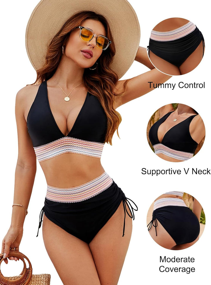 Women's High Waist V-Neck Bikini Set with Side Tie