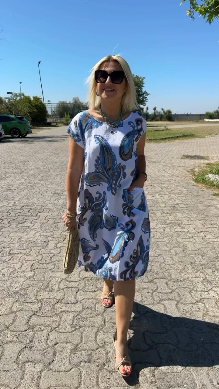 Alice | Midi Summer Dress with Abstract Print and Front Pockets