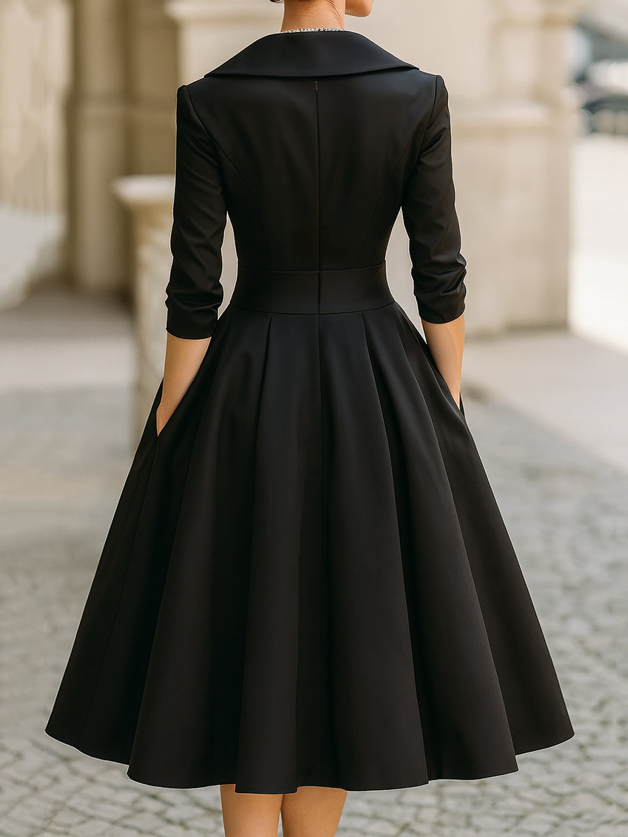 Reece | Midi Cocktail Dress with Collared Neck and Long Sleeves