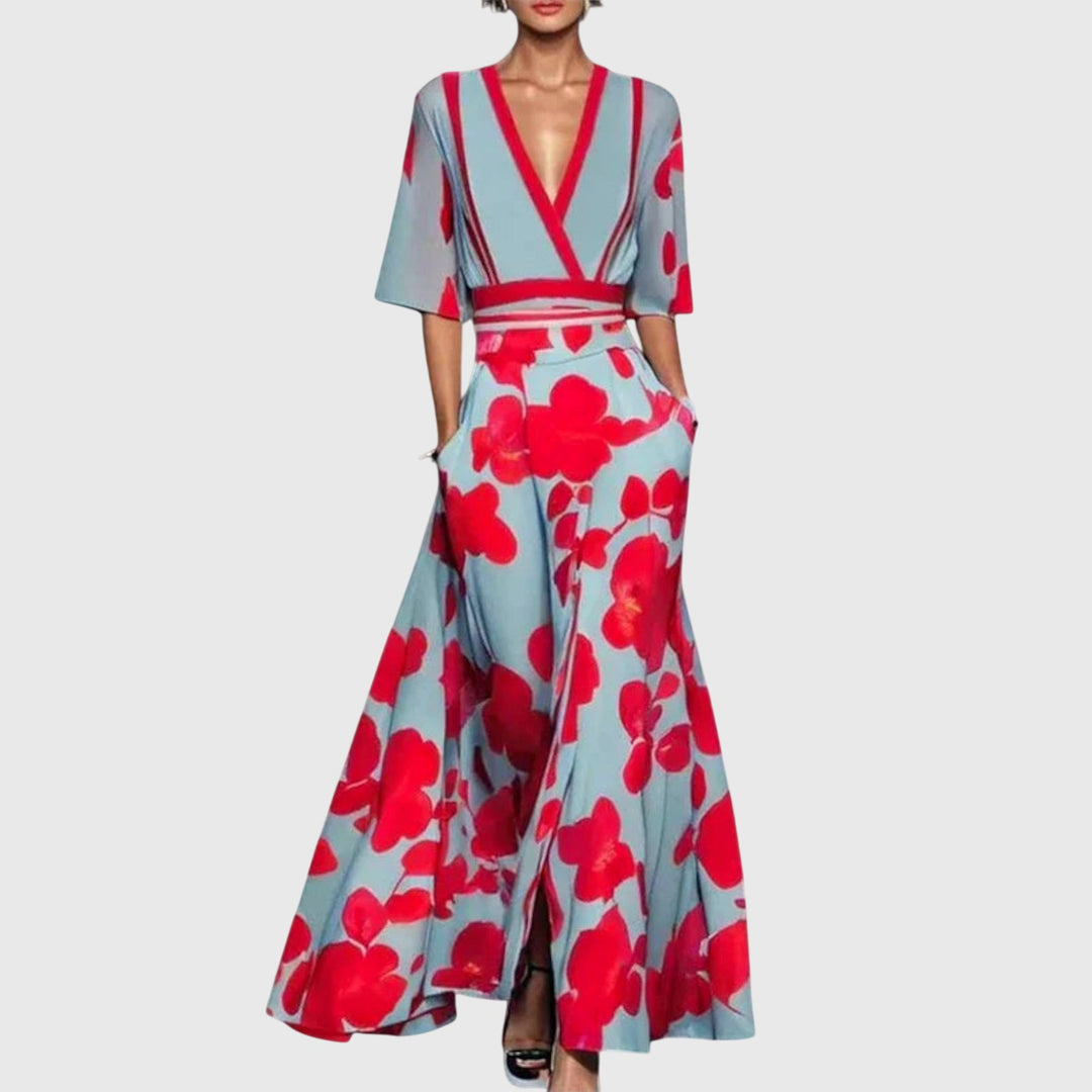 Women's Long Sleeve Maxi Dress with V Neck and Floral