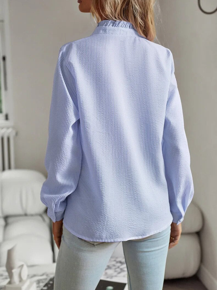 Women's Button Front Blouse with Ruffle Detail Long Sleeve