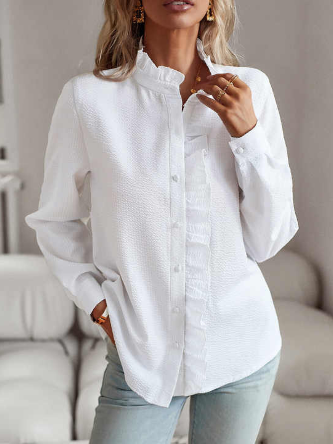 Women's Button Front Blouse with Ruffle Detail Long Sleeve