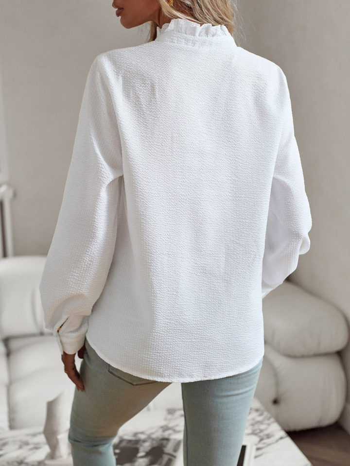 Women's Button Front Blouse with Ruffle Detail Long Sleeve