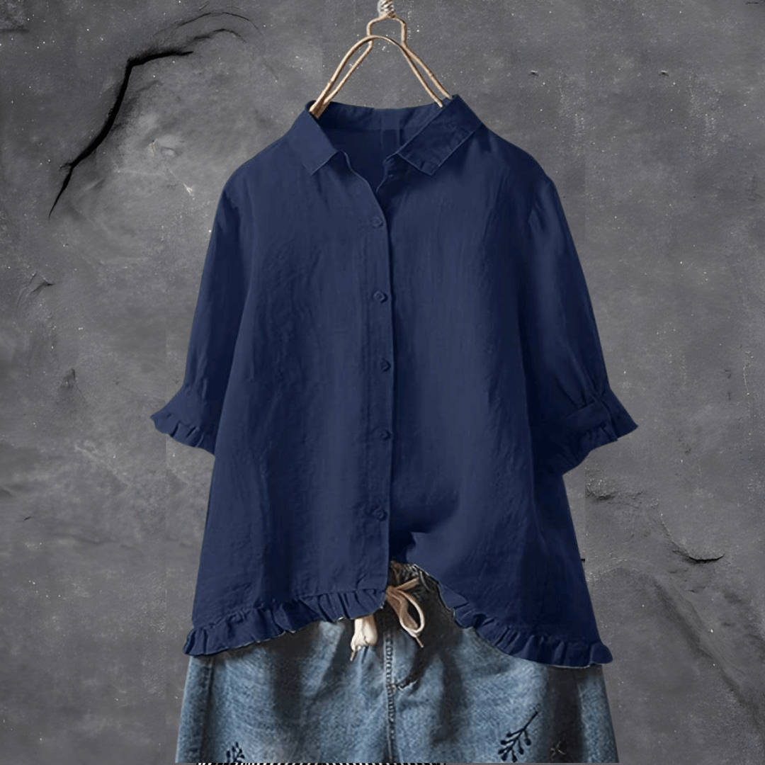 Dot | Short Sleeve Blouse with Ruffle Hem and Button Front