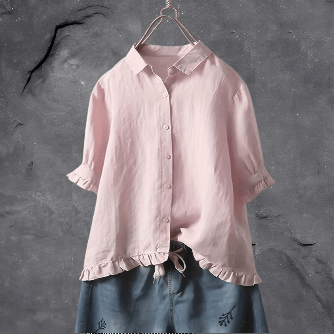 Dot | Short Sleeve Blouse with Ruffle Hem and Button Front