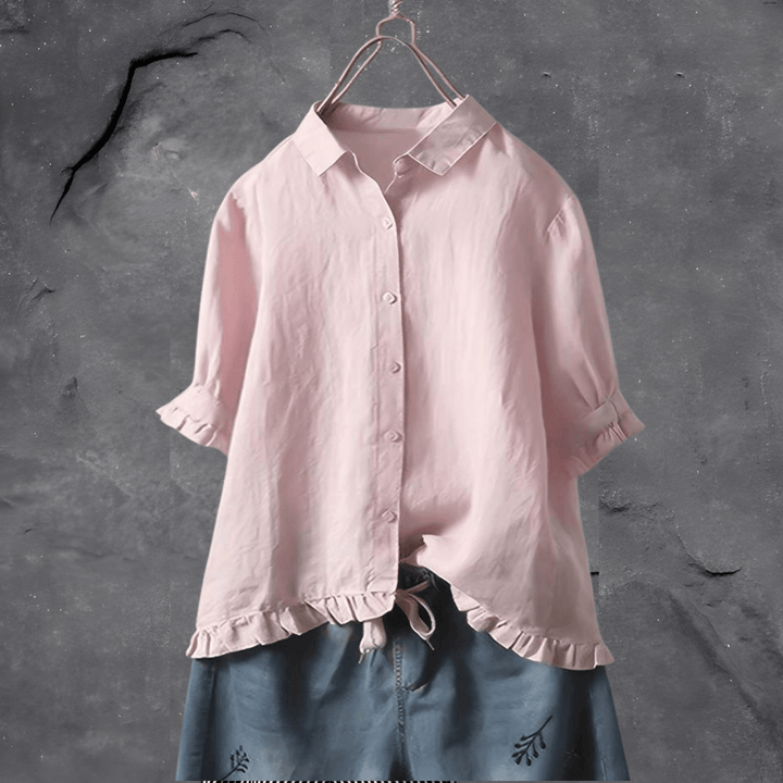 Dot | Short Sleeve Blouse with Ruffle Hem and Button Front