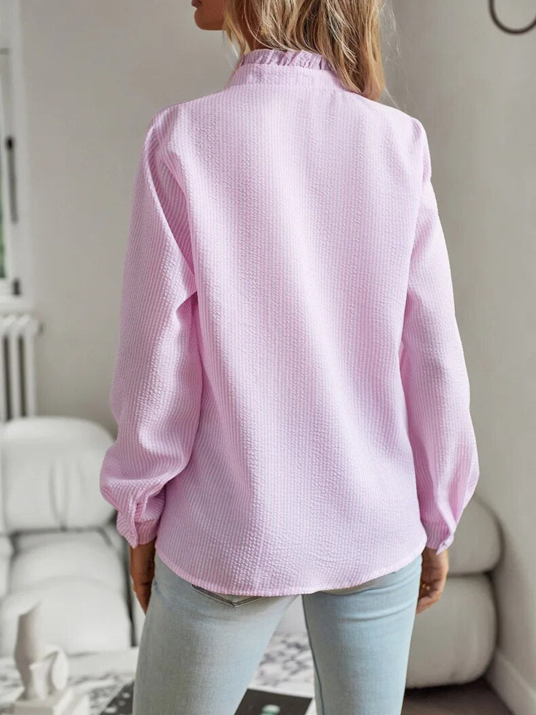 Women's Button Front Blouse with Ruffle Detail Long Sleeve