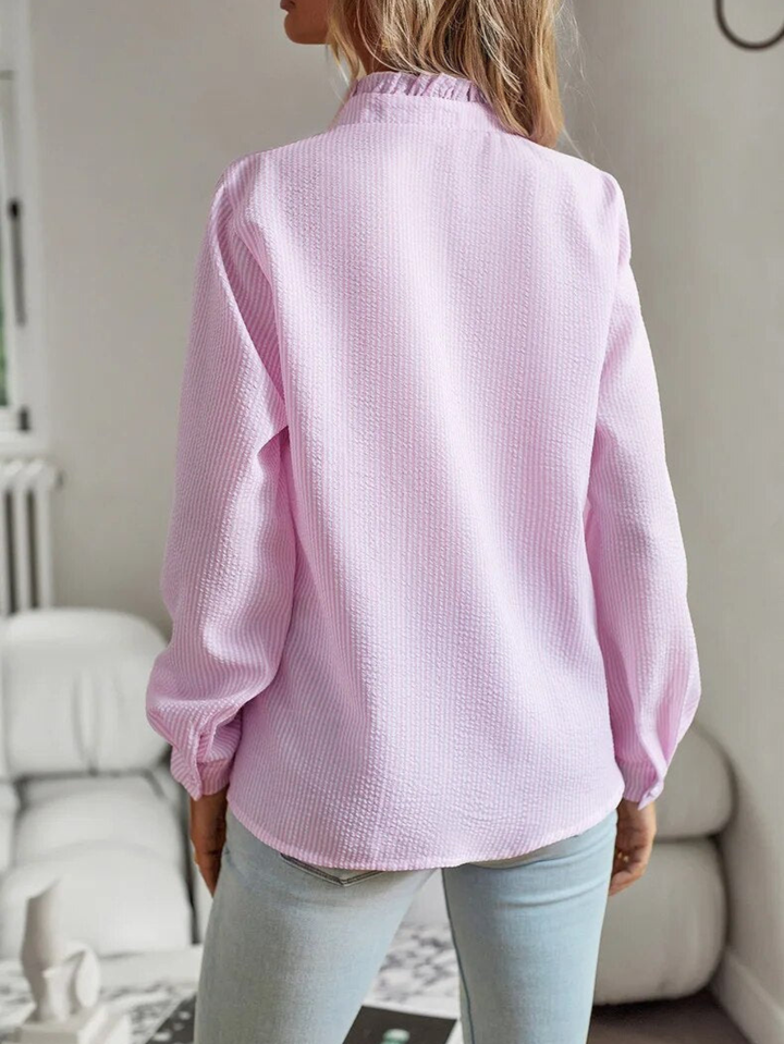Women's Button Front Blouse with Ruffle Detail Long Sleeve