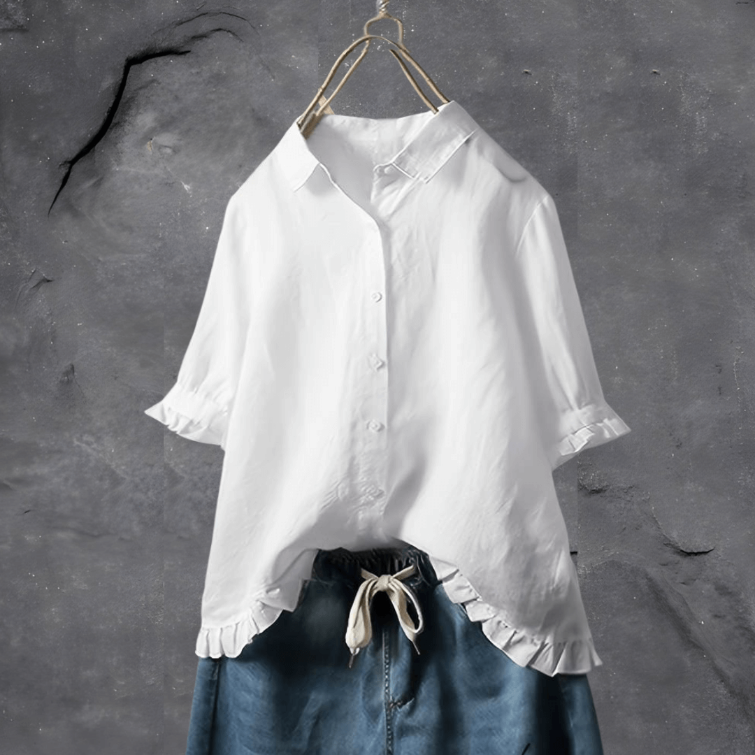 Dot | Short Sleeve Blouse with Ruffle Hem and Button Front