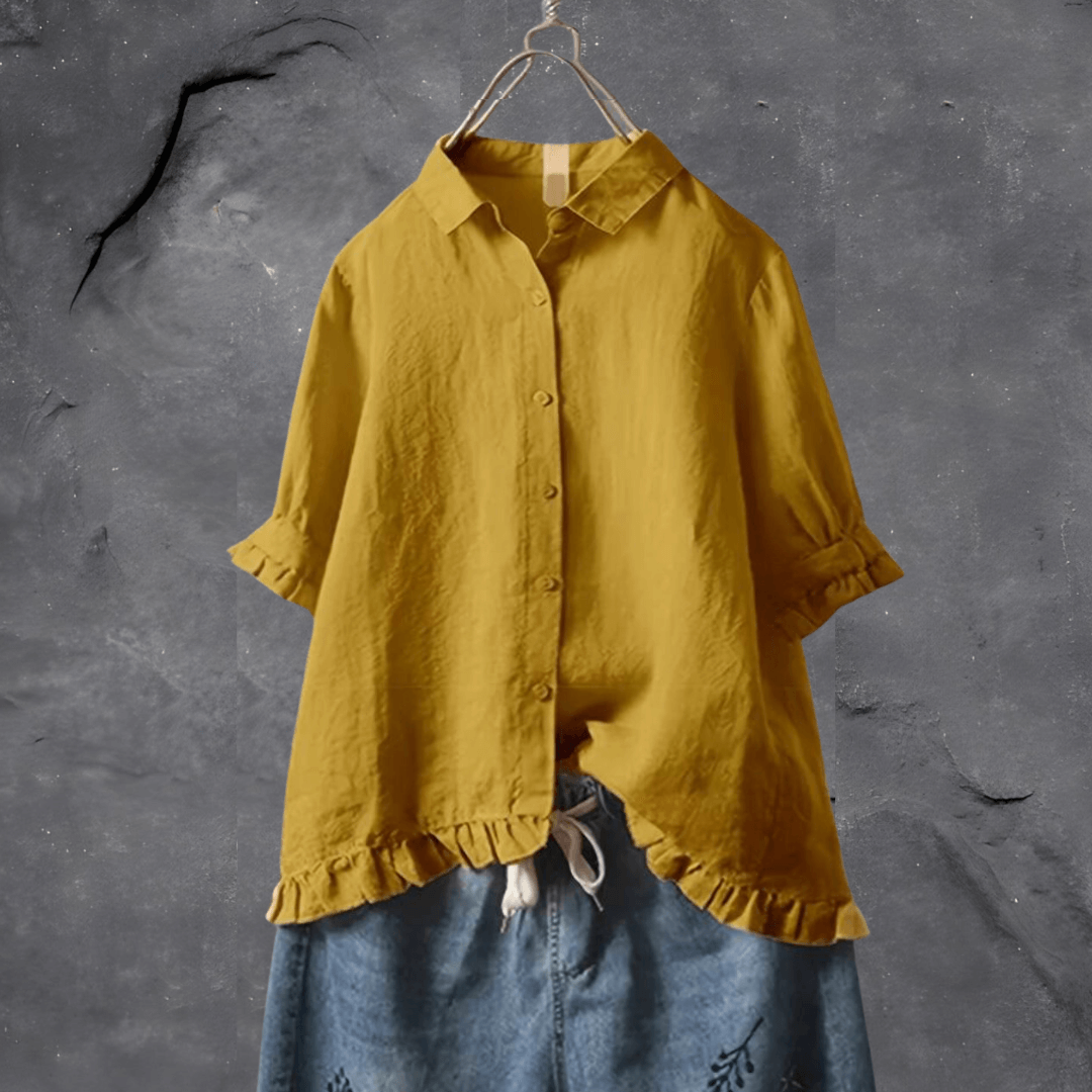 Dot | Short Sleeve Blouse with Ruffle Hem and Button Front