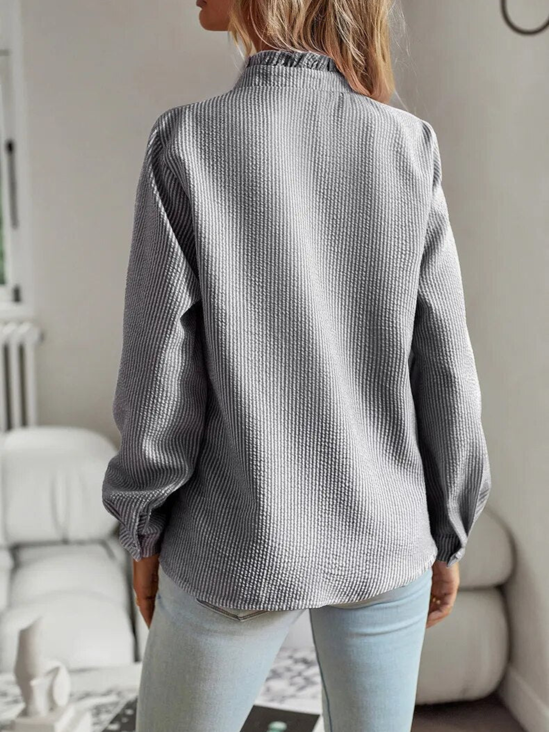 Women's Button Front Blouse with Ruffle Detail Long Sleeve