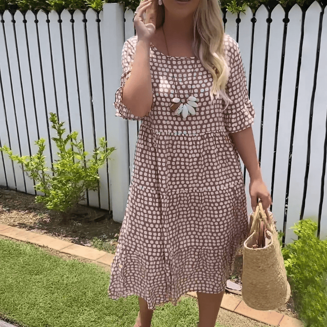 Helen | Midi Polka Dot Dress with Puff Sleeves and Tiered Skirt