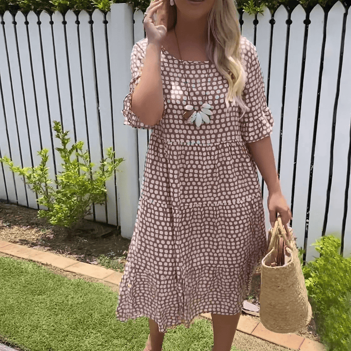 Helen | Midi Polka Dot Dress with Puff Sleeves and Tiered Skirt