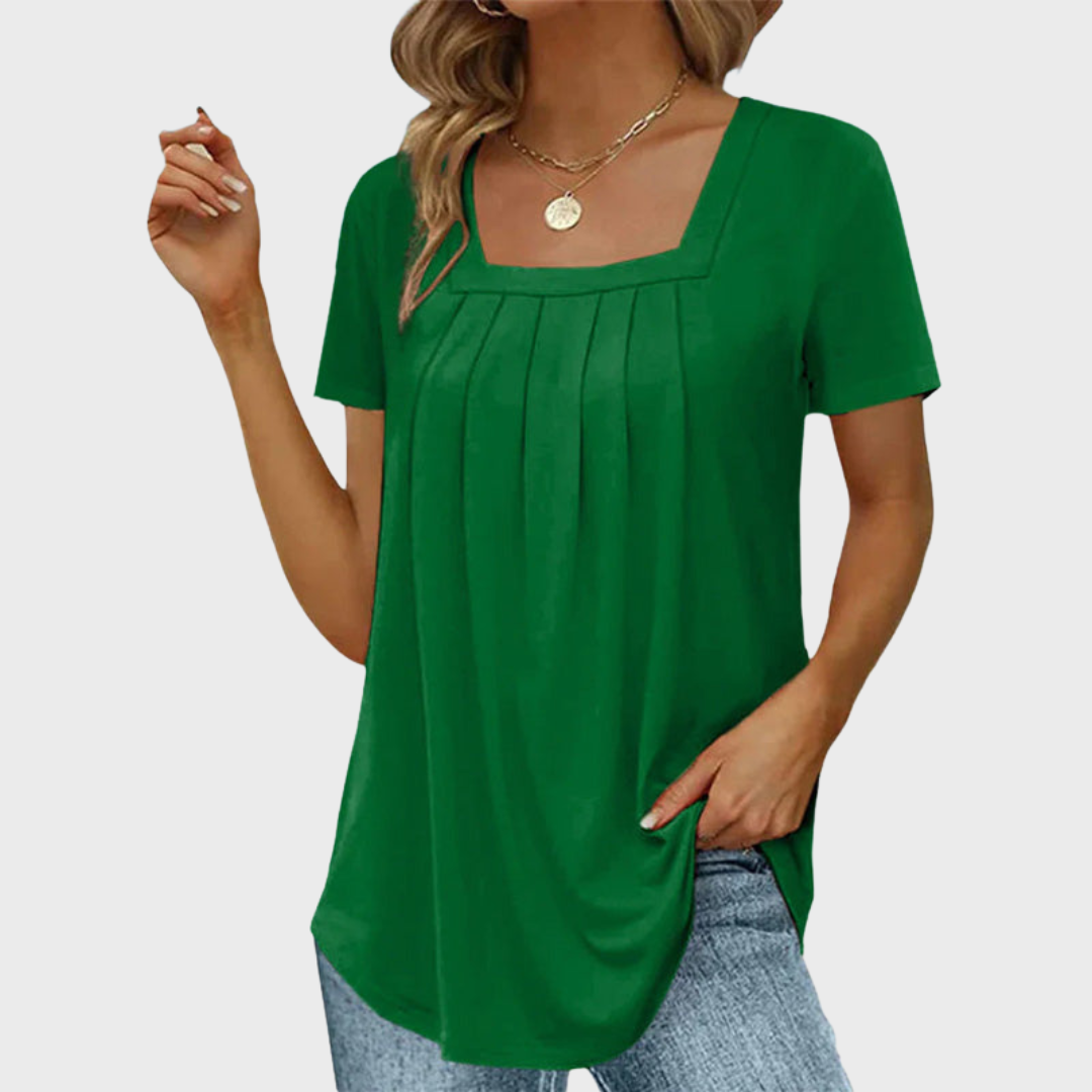 Demi | Pleated Front Top with Square Neck and Short Sleeves