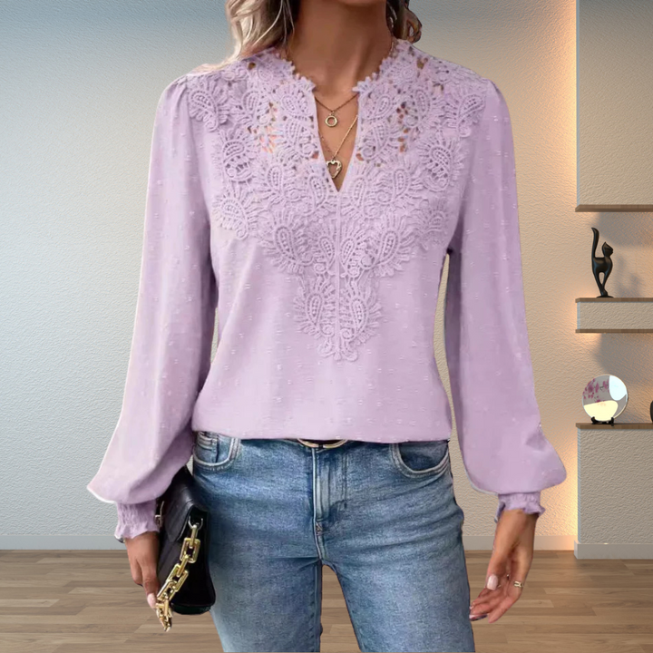 Vivian | Split V Neck Blouse with Lace Detail and Puff Sleeves