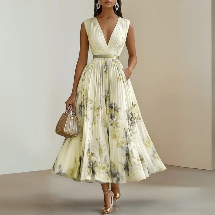 Nora | Maxi Wedding Guest Dress with Floral Print and Pleated Skirt