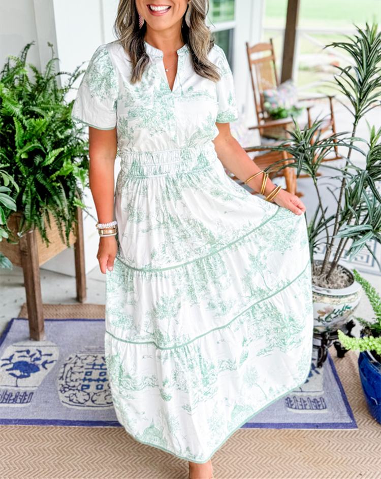 Nova | Maxi Shirt Dress with Toile Print and Tiered Skirt