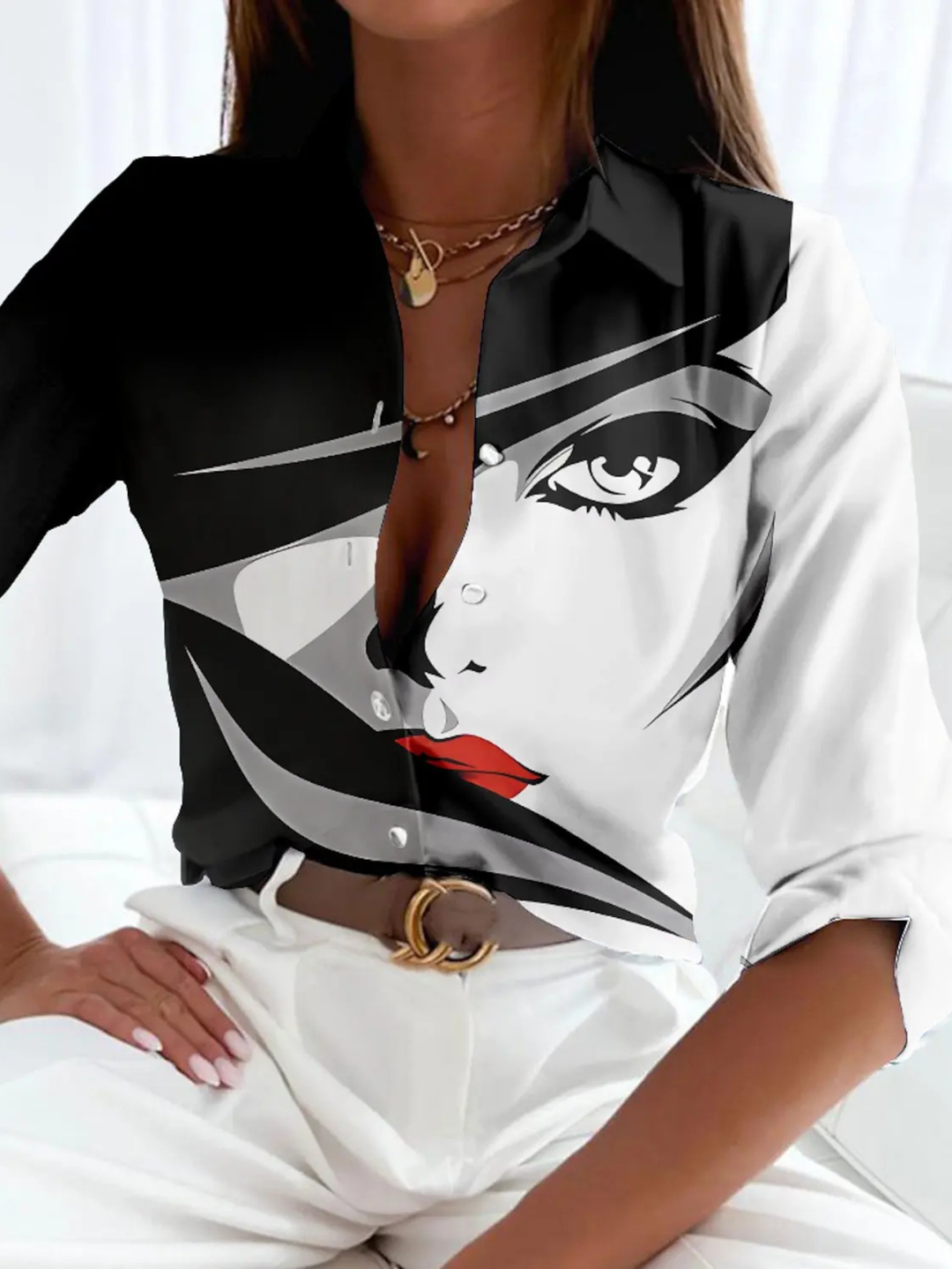 Women's Printed Button Down Blouse with Collar 3/4 Sleeve