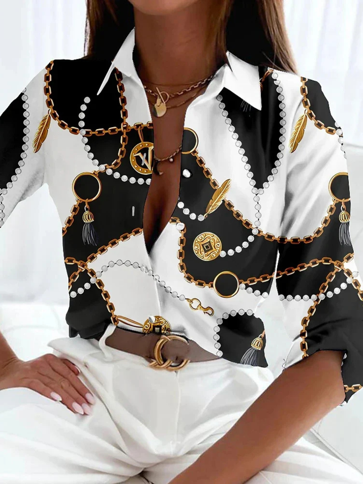 Women's Printed Button Down Blouse with Collar 3/4 Sleeve