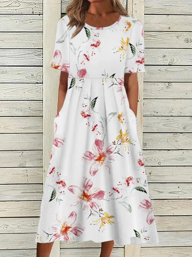 Women's Floral  Midi Dress with Gathered Waist and Pockets