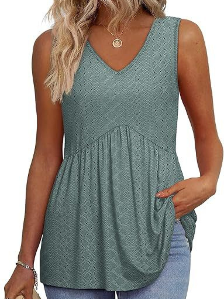 Women's V-Neck Sleeveless Top with Gathered Waist