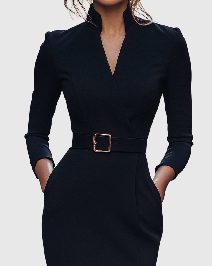 Women's Long Sleeve Belted Midi Dress with V-Neckline