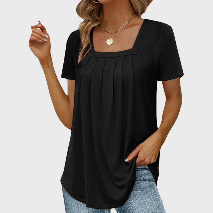 Demi | Pleated Front Top with Square Neck and Short Sleeves