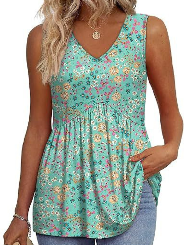 Women's V-Neck Sleeveless Top with Gathered Waist