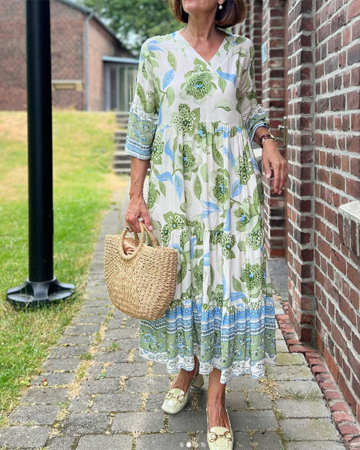 Emma | Midi Summer Dress with Floral Print and Three Quarter Sleeves