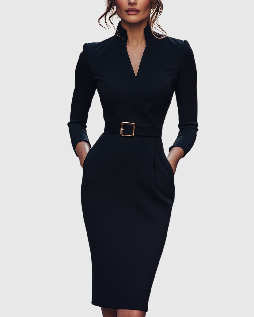 Women's Long Sleeve Belted Midi Dress with V-Neckline